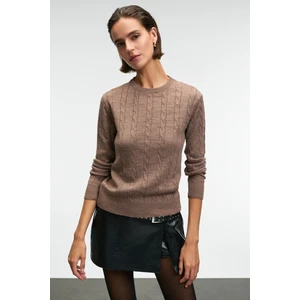 QUERIDA Kadın Yuvarlak Yaka Saç Örgülü Regular Fit Triko Kahverengi Kazak