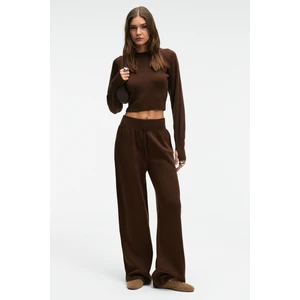 MARIPOSA Kadın Yuvarlak Yaka Çizgi Desenli Crop Geniş Paça Triko Kahverengi Alt-Üst Takım