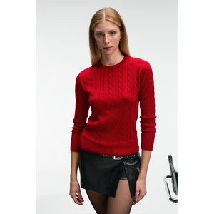 QUERIDA Kadın Yuvarlak Yaka Saç Örgülü Regular Fit Triko Kırmızı Kazak