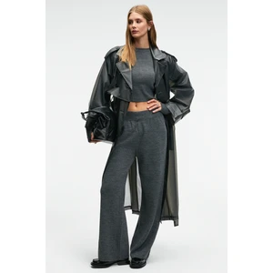 MARIPOSA Kadın Yuvarlak Yaka Çizgi Desenli Crop Geniş Paça Triko Antrasit Alt-Üst Takım