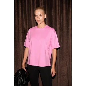 LAGERTHA Kadın %100 organik Pamuklu Kalın Dokulu Oversize Fit Yuvarlak Yakalı Pembe T-Shirt