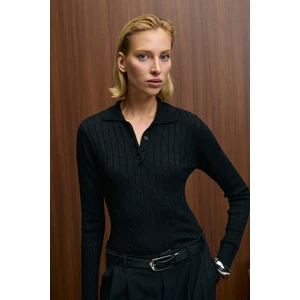 CASTANA Kadın Polo Yaka Düğmeli Regular Fit Triko Siyah Kazak