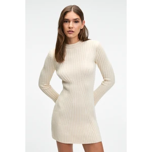 ENCANTO Kadın Yuvarlak Yaka Çizgi Desenli Slim Fit Ekru Elbise