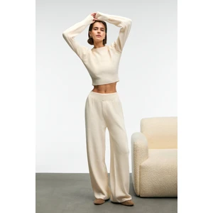 MARIPOSA Kadın Yuvarlak Yaka Çizgi Desenli Crop Geniş Paça Triko Ekru Alt-Üst Takım