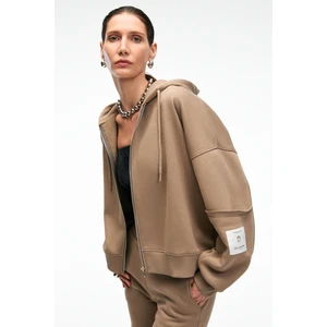 VIVIENNE Kadın Metal Fermuarlı Kapüşonlu Kolda Süs Etiket Ve Cep Detaylı Vizon Sweatshirt