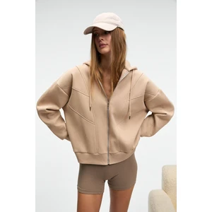 VYSELLE Kadın Önü Kesikli Metal Fermuarlı Kapüşonlu Etiket Detaylı Oversize Vizon Sweatshirt