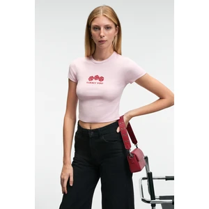 NOVELLE Kadın Bisiklet Yaka Kısa Kollu Önü Baskılı Crop Pembe T-Shirt