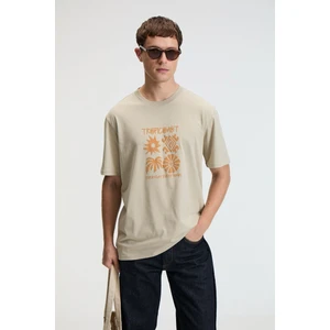 SWEET Erkek %100 Pamuk Oversize Fit Baskılı Kısa Kollu Yuvarlak Yakalı Taş Rengi T-Shirt