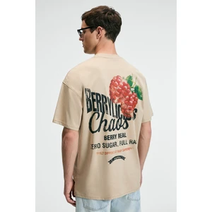 FLAVOR Erkek Oversize %100 Pamuk Baskılı Yuvarlak Yaka Bej T-Shirt