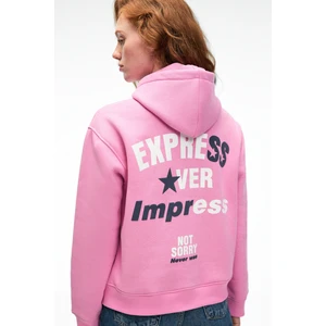 YUMEA Kadın Oversize Kapüşonlu Baskılı Pembe Sweatshirt