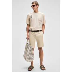 TEEMO Erkek Yanları Cepli Fermuarlı Likralı Slim Fit Açık Bej Şort