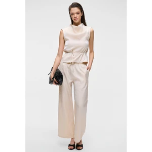 UBANITY Kadın Parlak Kumaşlı Geniş Paçalı Saten Görünümlü Ekru Pantolon