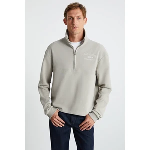 Andrıck Erkek Organik Pamuklu Dik Yaka Yarım Fermuarlı Bej Sweatshirt