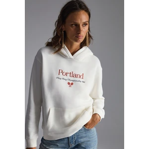 Nılsa Kadın Nakış Detaylı Organik Pamuk Şehir Temalı Regular Kapüşonlu Ekru Sweatshirt