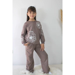 Kahverengi Taş Detaylı Geniş Paçalı Kız Çocuk Eşofman Takımı