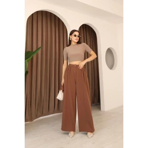 Kadın Kahverengi 3 Pileli  Palazzo Kumaş Pantolon  Bol Paça - Yüksek Bel