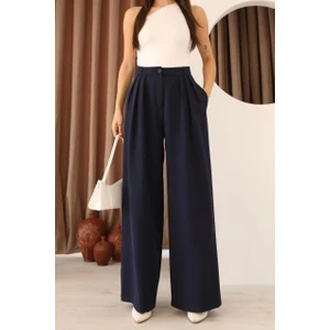 Kadın Lacivert 3 Pileli  Palazzo Kumaş Pantolon  Bol Paça - Yüksek Bel