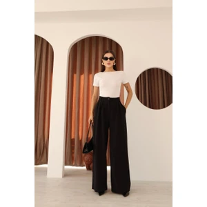 Kadın Siyah 3 Pileli Palazzo Kumaş Pantolon  Bol Paça - Yüksek Bel