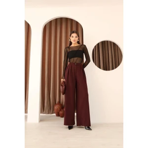Kadın Bordo 3 Pileli  Palazzo Kumaş Pantolon  Bol Paça - Yüksek Bel