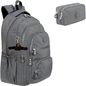 2'li Set Lüx Krinkıl Kumaş Lise ve Ortaokul Sırt Çantası + Kalemlik, Maymun Anahtarlık Hediyeli