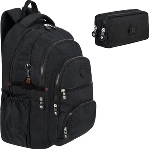 2'li Set Lüx Krinkıl Kumaş Lise ve Ortaokul Sırt Çantası + Kalemlik, Maymun Anahtarlık Hediyeli