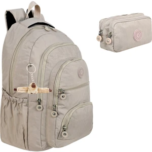 2'li Set Lüx Krinkıl Kumaş Lise ve Ortaokul Sırt Çantası + Kalemlik, Maymun Anahtarlık Hediyeli