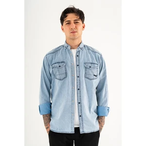 Erkek Buz Mavisi Slimfit Dar Kesim Çift Cepli Çıtçıtlı Yıkamalı Kot Gömlek