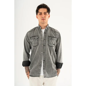 Erkek Füme Slimfit Dar Kesim Çift Cepli Çıtçıtlı Yıkamalı Kot Gömlek