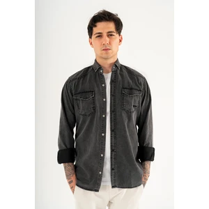 Erkek Siyah Slimfit Dar Kesim Çift Cepli Çıtçıtlı Yıkamalı Kot Gömlek