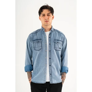 Erkek Lacivert Slimfit Dar Kesim Çift Cepli Çıtçıtlı Yıkamalı Kot Gömlek