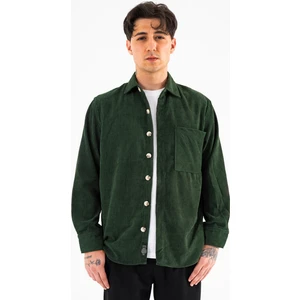 Erkek Kadife Gömlek Haki Rahat Kesim Uzun Kollu Tek Cepli