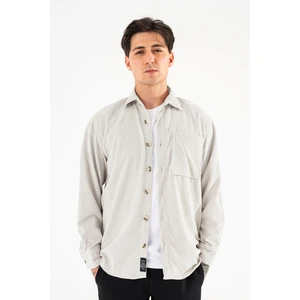 Erkek Kadife Gömlek Taş Rengi Rahat Kesim Uzun Kollu Tek Cepli