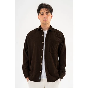 Erkek Kadife Gömlek Kahverengi Rahat Kesim Uzun Kollu Tek Cepli