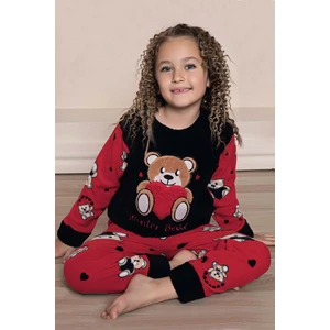 Kız Çocuk Ayıcık Desenli Göz Bantlı Peluş Polar Pijama Takımı