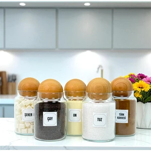 5'li Ahşap Top Kapaklı Cam Tuz Un Çay Şeker Türk Kahvesi Saklama Kavanozu Seti Etiket Hediyeli