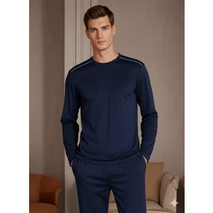 Elemge %100 Pamuk Erkek Süprem Pijama Takımı Compact Penye Lacivert Uzun Kol Cepli Ipli Relax Fit Terletmez