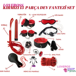 Fantazi Çok Parçalı Deri Bdsm Kelepçe Kırbaç Dev Fantezi Seti | 13 Parça | Kırmızı | Gizli Ürün
