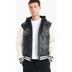 Su İtici Regular Fit Kolej Yaka Kapüşonlu İç Cepli Nakışlı Cepli Suni Deri Bomber Ceket Mont E9972AX25AU