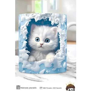 Renkli Gözlü Kedi (Soft Mavi) Baskılı 3D Efektli Hediyelik Porselen Kupa Bardak, Kedili Kupa Bardak