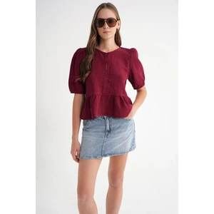 4713 Kadın Beli Büzgülü Kolu Lastikli Bol Müslin Bluz Bordo