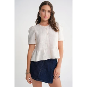 4713 Kadın Beli Büzgülü Kolu Lastikli Bol Müslin Bluz Naturel