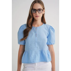 4713 Kadın Beli Büzgülü Kolu Lastikli Bol Müslin Bluz Bebe Mavi