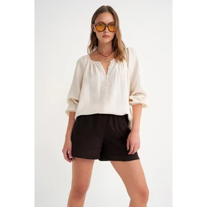 4707 Kadın Yakası Büzgülü Kolu Lastikli Bol Müslin Bluz Naturel