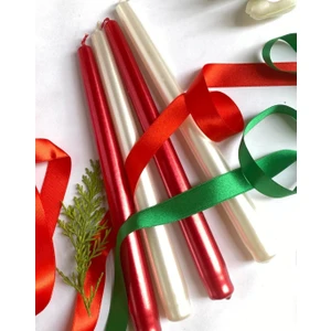 4'lü Metalik Kırmızı ve İnci Beyaz-Şamdan Mum-Konik Mum