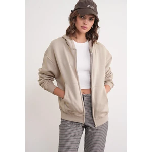 2023 Unisex 3iplik Basic Polarlı Fermuarlı Sweatshirt Hoodie Bej