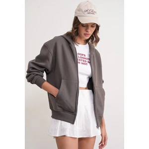 2023 Unisex 3iplik Basic Polarlı Fermuarlı Sweatshirt Hoodie Antrasit