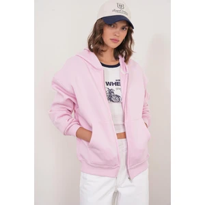 2023 Unisex 3iplik Basic Polarlı Fermuarlı Sweatshirt Hoodie Pembe