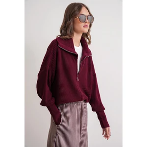 6919 Kadın Fermuarlı Balıkçı Yaka Triko Hırka Bordo
