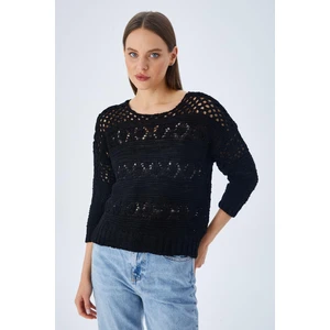 6859 Kadın Kayık Yaka Ajurlu Mevsimlik Triko Kazak Siyah