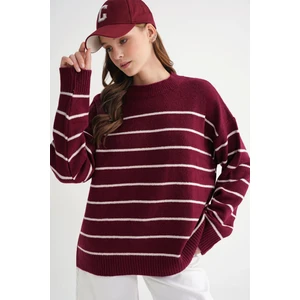 6944 Kadın Salaş Yumuşak Dokulu Çizgili Triko Kazak Bordo